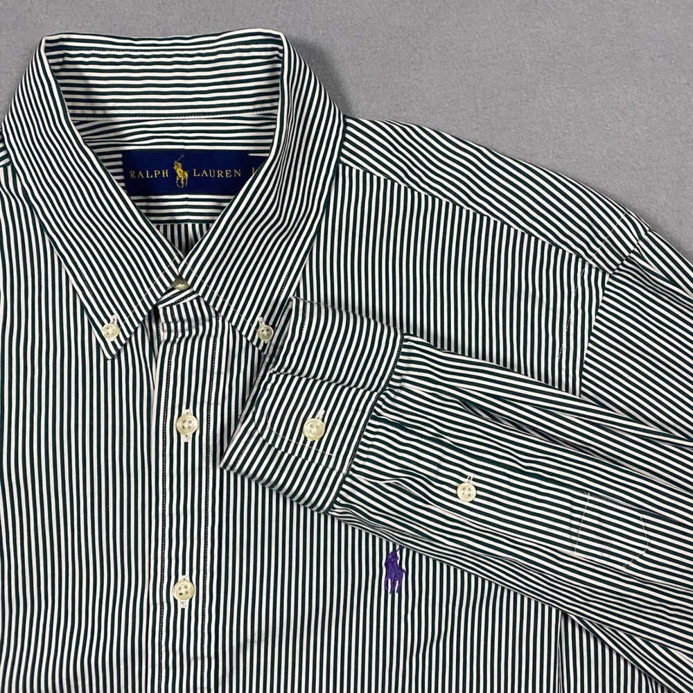 Polo Ralph Lauren Button Down Men's Large Green White Stripe Purple‎ Pony